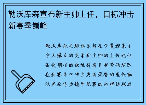 勒沃库森宣布新主帅上任，目标冲击新赛季巅峰